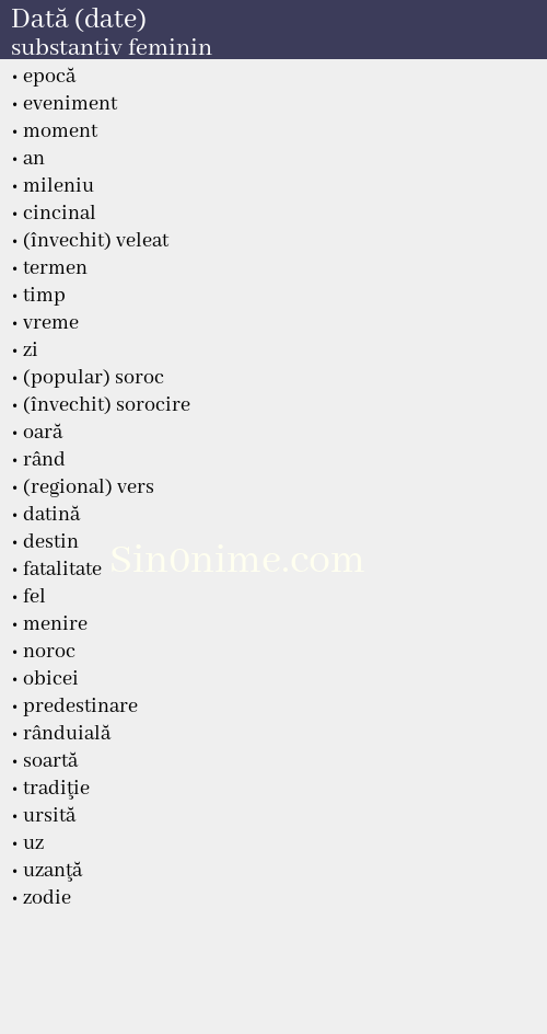 Dată (date), substantiv feminin - dicționar de sinonime