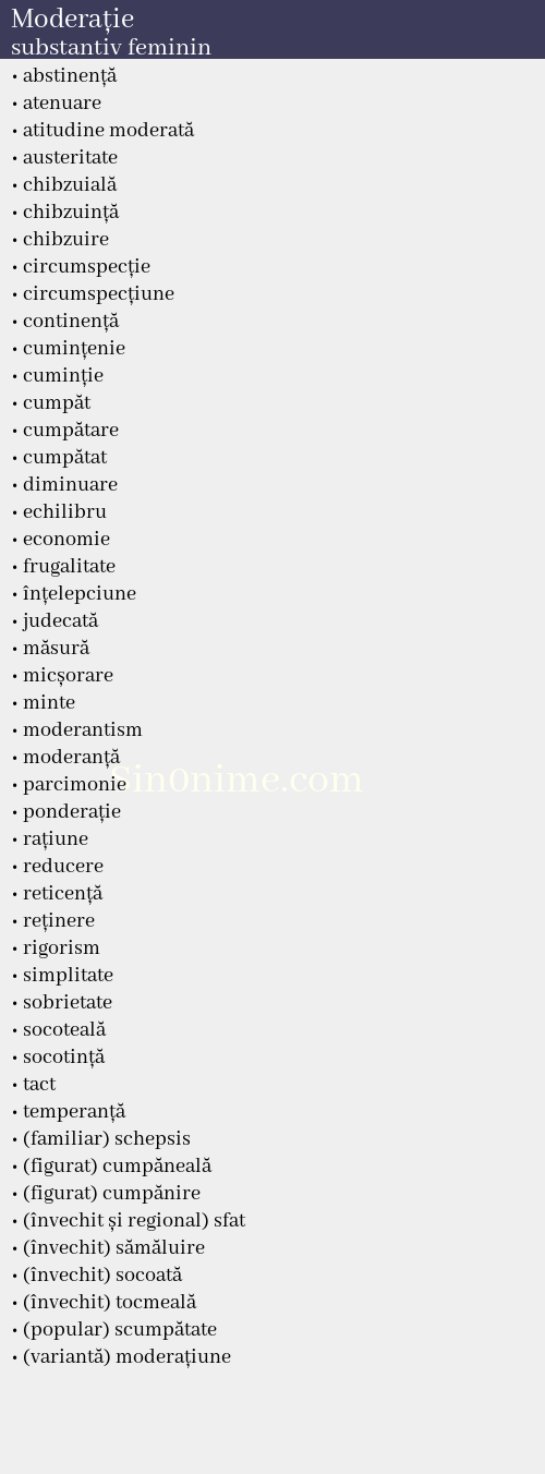 Moderație, substantiv feminin - dicționar de sinonime
