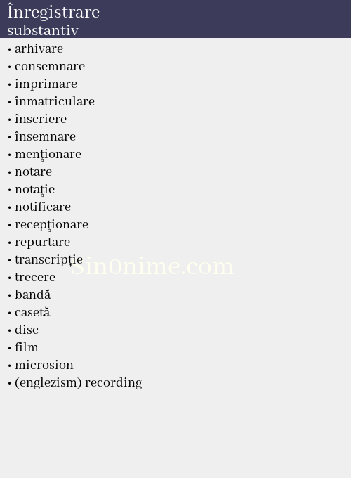 Înregistrare, substantiv - dicționar de sinonime