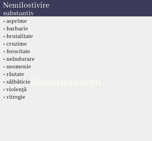 Nemilostivire, substantiv - dicționar de sinonime