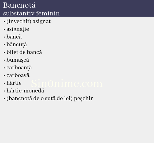 Bancnotă, substantiv feminin - dicționar de sinonime